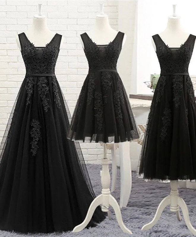 women's statement dressesBlack V Neck Tulle Lace Prom Dress, Lace Evening Dress