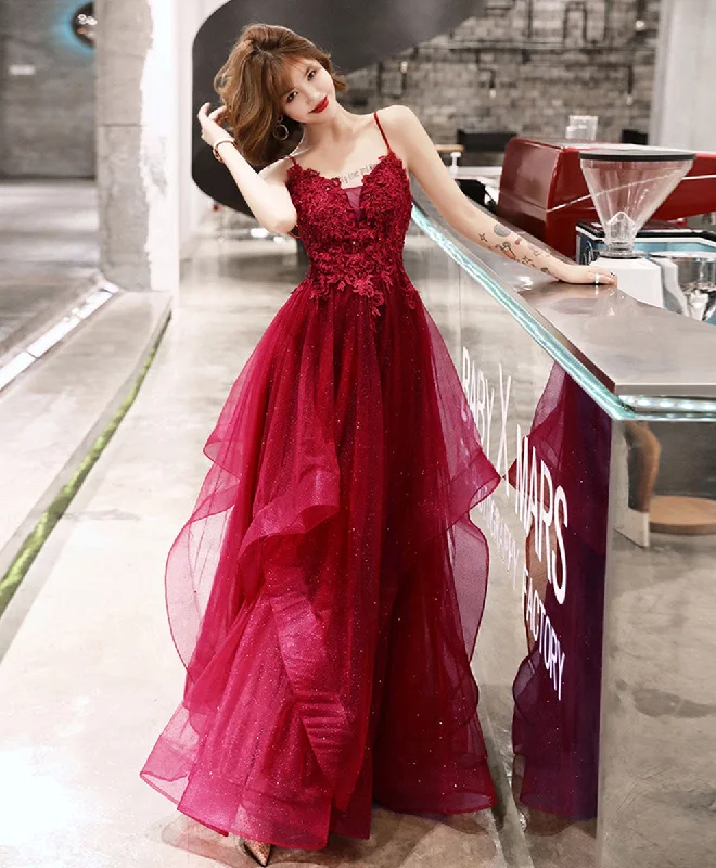 women's wrinkle-resistant dressesBurgundy V Neck Tulle Lace Long Prom Dress Burgundy Evening Dress