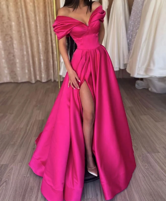 Wrap DressSimple V Neck Off Shoulder Satin Long Prom Dress, Red A Line Evening Dress