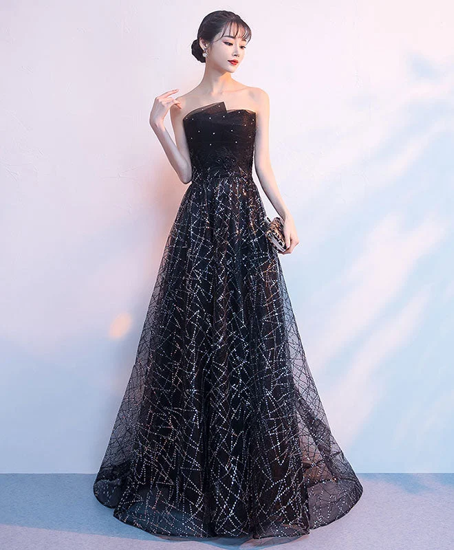 Sleeveless DressBlack Tulle Sequin Long Prom Dress, Black Sequin Evening Dress