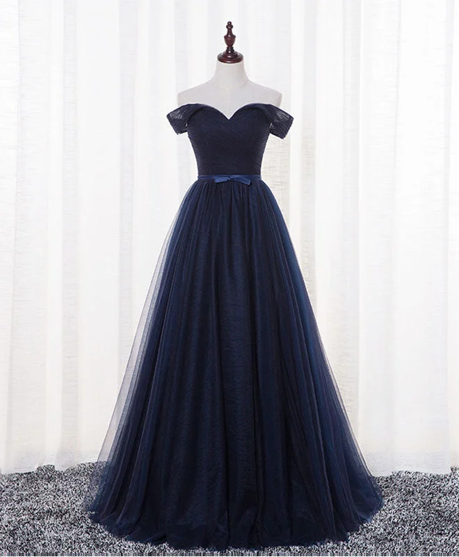 women's vintage dressesDark Blue A Line Tulle Long Prom Dress, Evening Dress