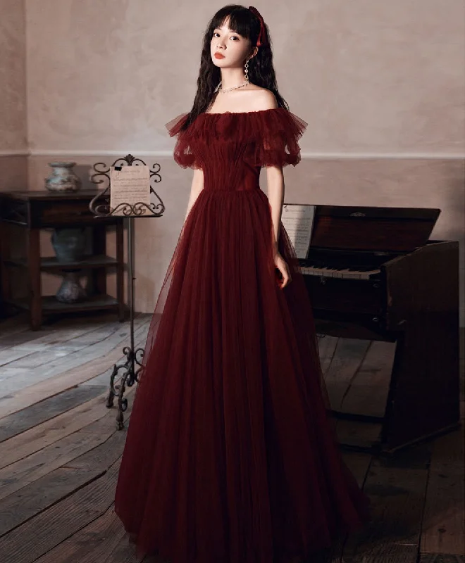 women's lace-up dressesSimple Burgundy Off Shoulder Tulle Long Prom Dress Burgundy Evening Dress