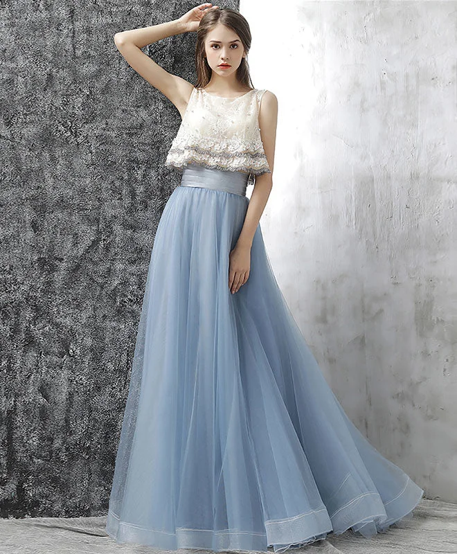 women's work dressesGray Blue Two Pieces Tulle Long Prom Dress, Gray Blue Evening Dress