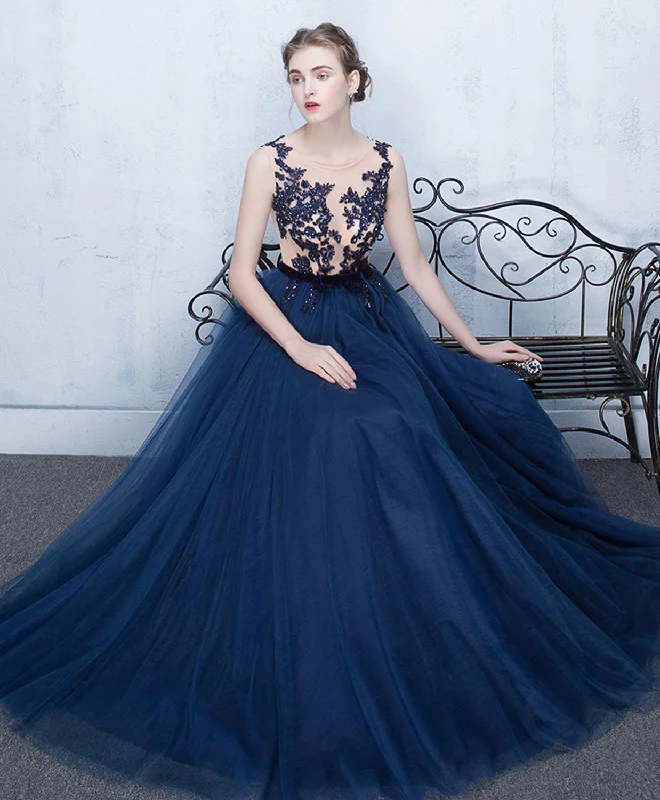 women's cold-shoulder dressesElegant Dark Blue Tulle Lace Long Prom Dress, Blue Evening Dress