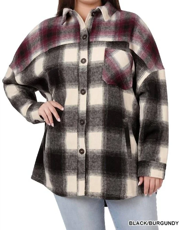 women's coats for countryside strollsColorblock Plaid Longline Shacket In Black And Burgundy