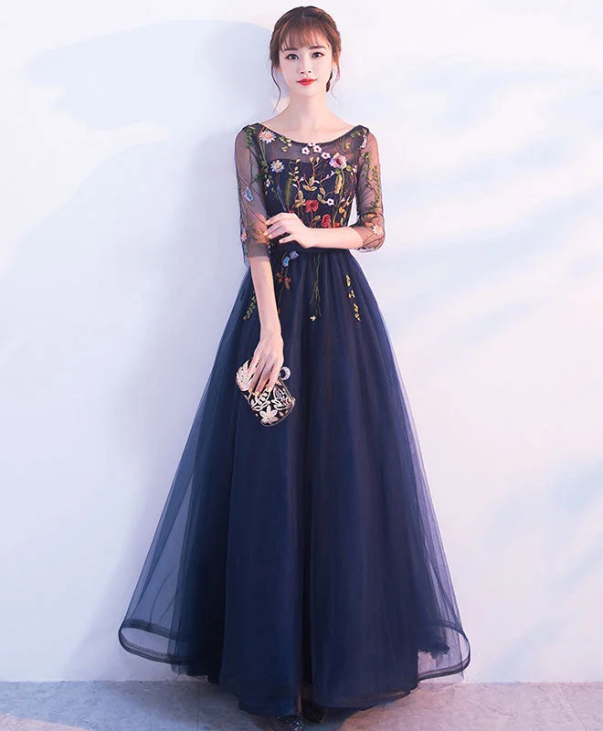 Plus-Size DressDark Blue Tulle Lace Long Prom Dress, Blue Evening Dress