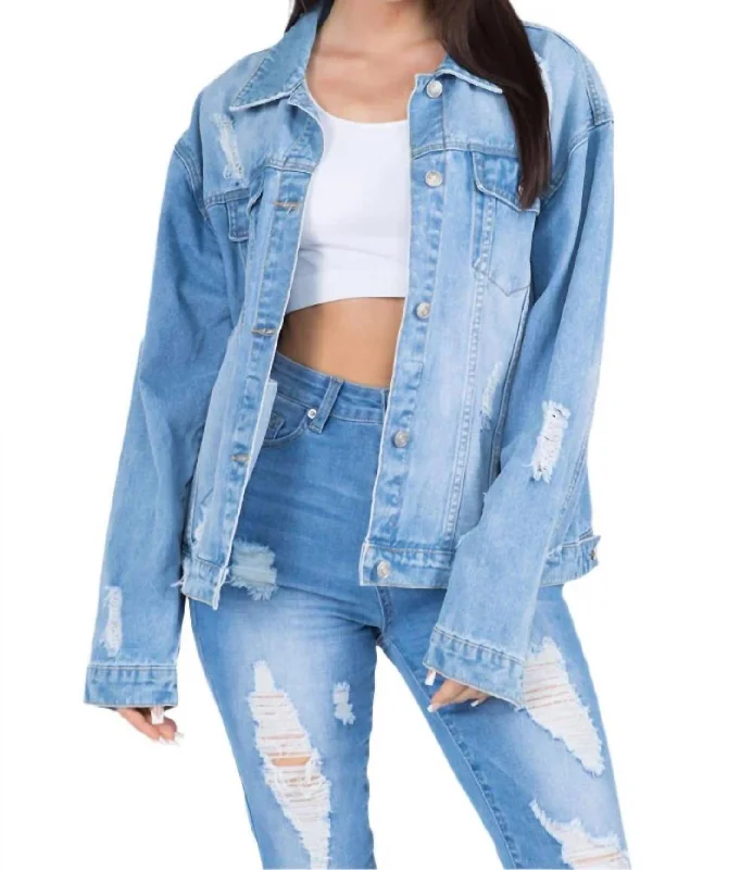 women's coats for business casual attireFull Size Painted Back Distressed Denim Jacket In Blue