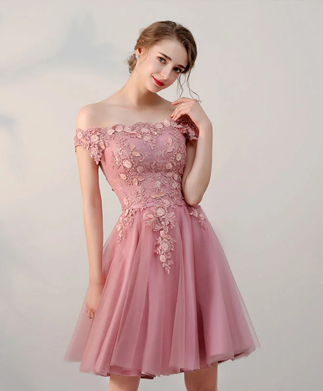 Vintage DressPink Lace Tulle Short Prom Dress, Pink Evening Dresses