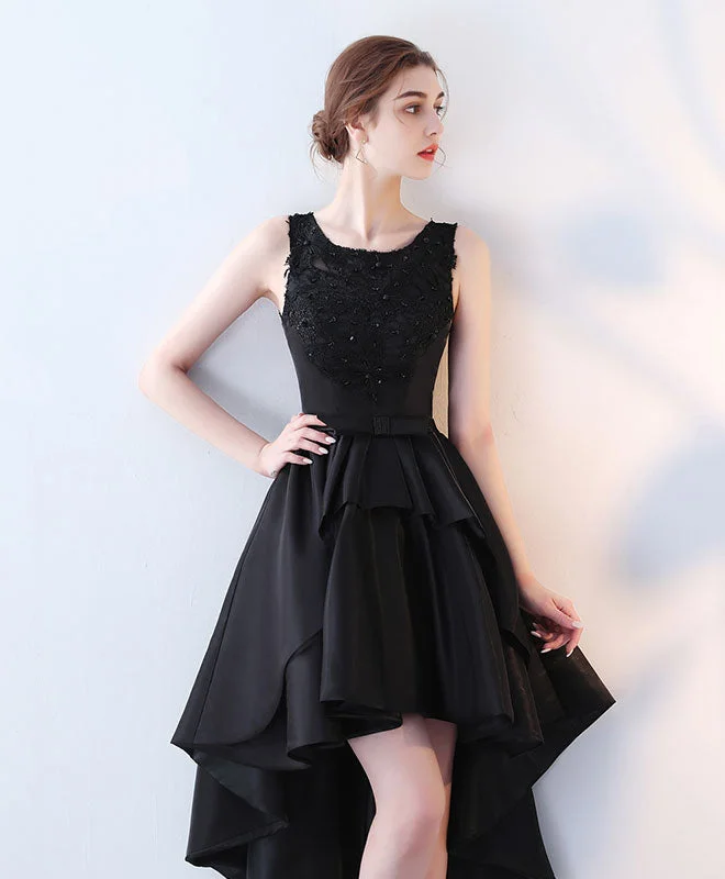 women's flutter-sleeved dressesCute Black Lace High Low Prom Dress, Lace Evening Dress