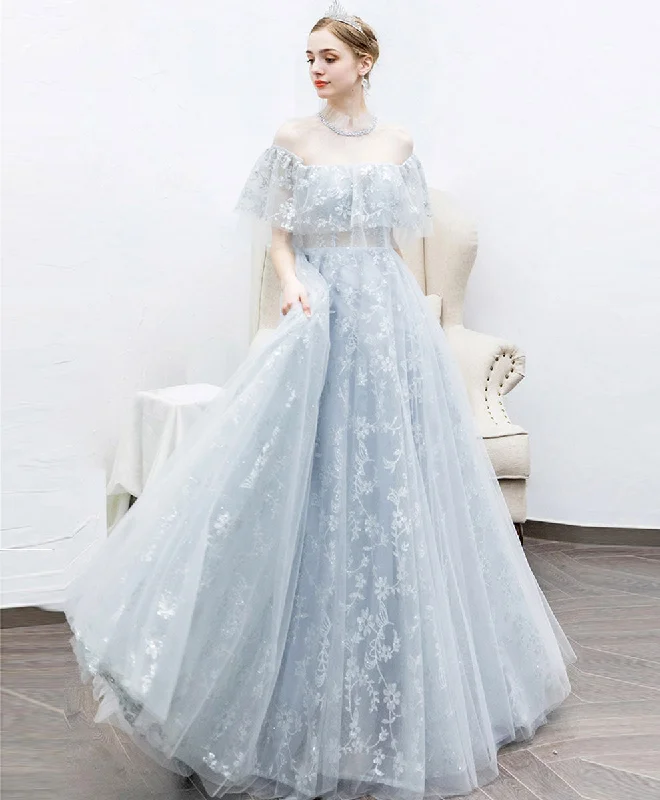 women's bow dressesAline Gray Tulle Lace Long Prom Dress, Gray Tulle Lace Evening Dress