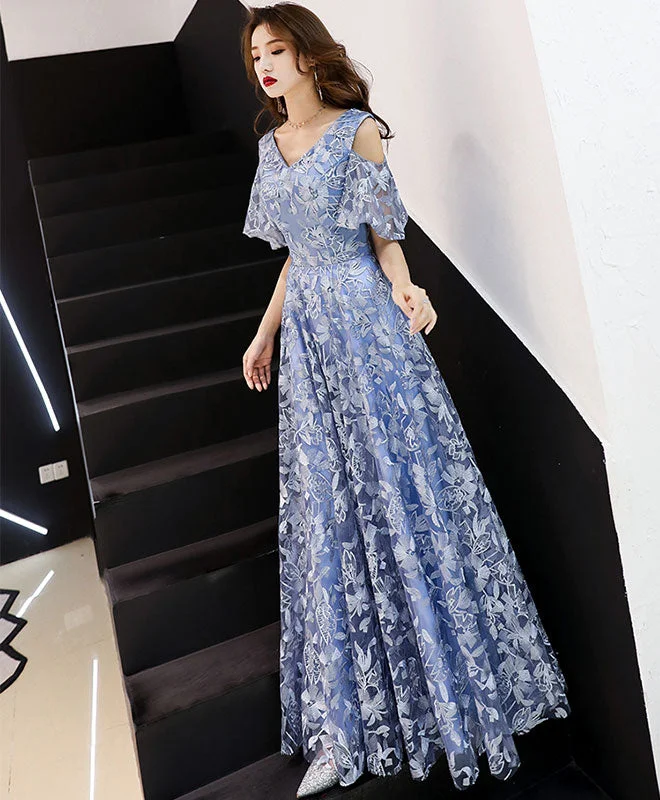 Formal DressBlue V Neck Lace Long Prom Dress, Blue Evening Dress