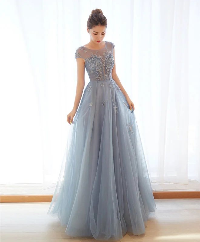 women's fashionable dressesGray Blue Tulle Long Prom Dress, Gray Blue Evening Dress