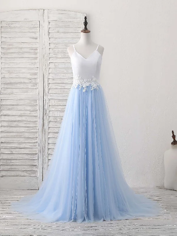 Shift DressSimple Blue Tulle Long Prom Dress, Blue Tulle Evening Dress