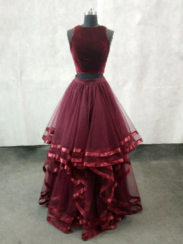 women's halter dressesSimple Burgundy Two Pieces Tulle Long Prom Dress, Burgundy Evening Dress