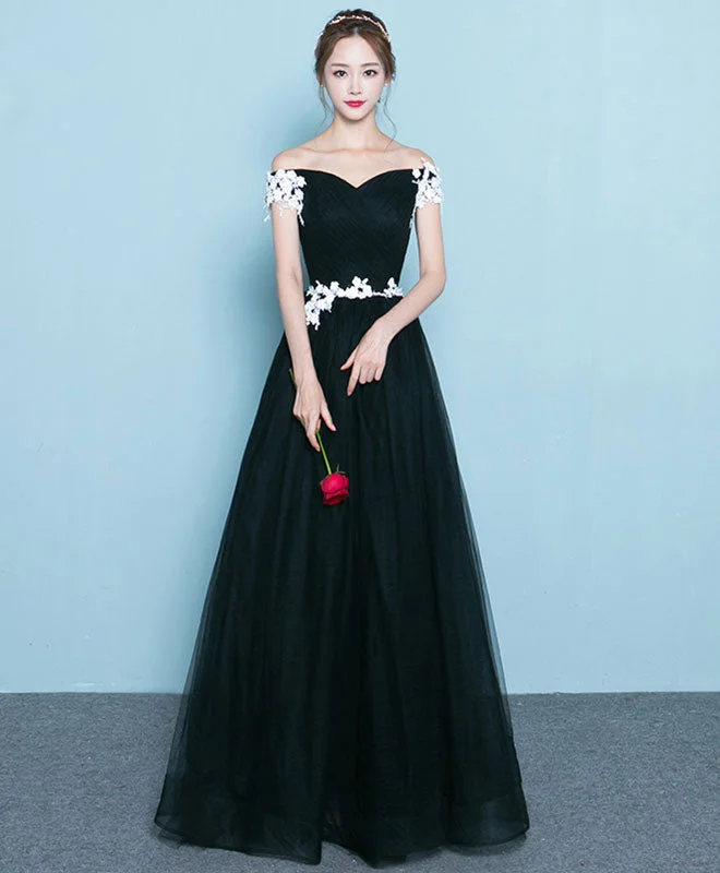 women's smart casual dressesCute Black Long Prom Dress, Lace Evening Dress