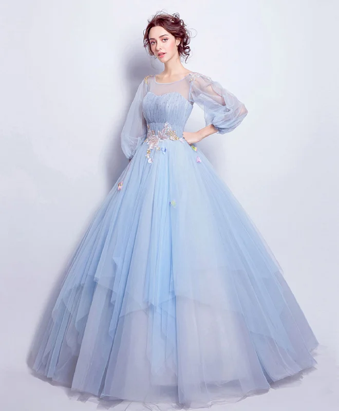 women's beach dressesBlue Round Neck Tulle Blue Long Prom Gown, Blue Evening Dress