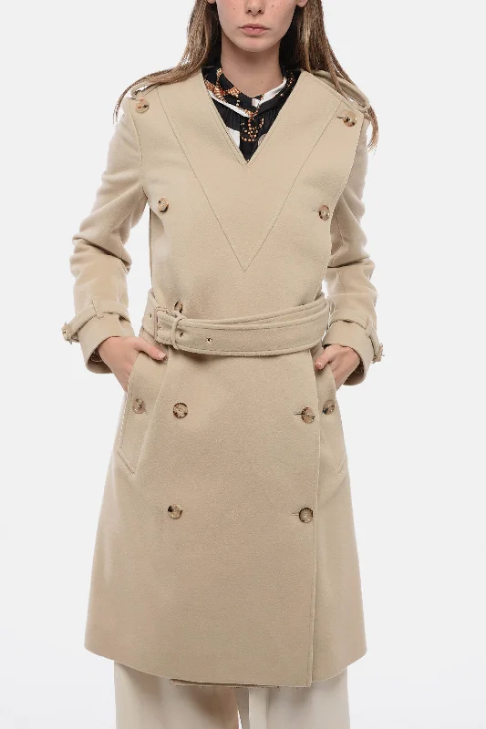 women's coats for hikingBurberry Wool Double-Brested Coat with V Neckline