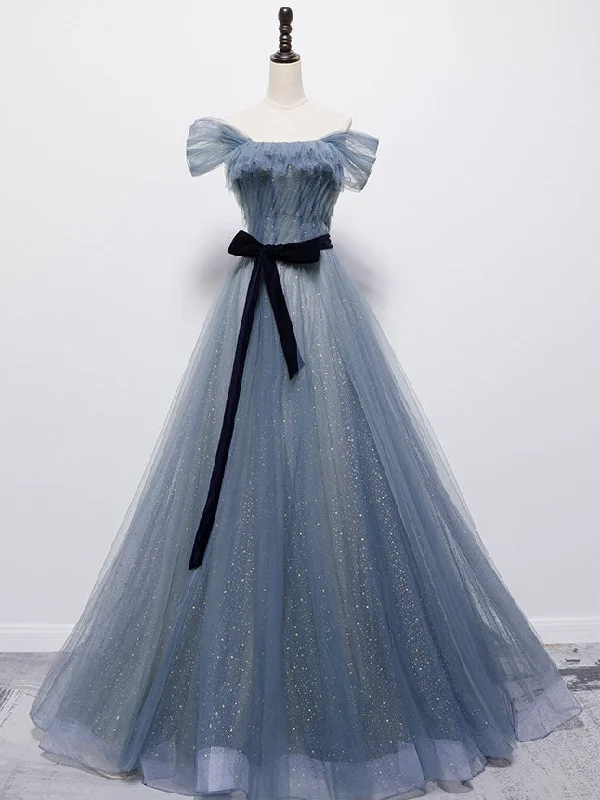 Velvet DressBlue Tulle Off Shoulder Sequin Long Prom Dress Blue Evening Dress