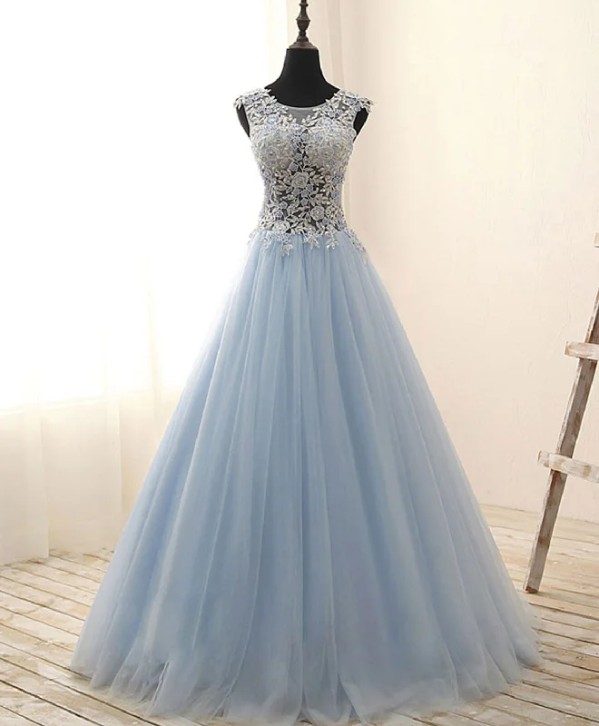 women's casual dressesUnique Round Neck Tulle Lace Long Prom Dress, Long Evening Dress