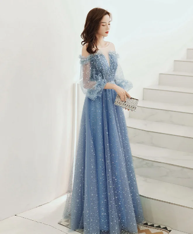 Maternity DressBlue Round Neck Tulle Sequin Long Prom Dress Tulle Evening Dress