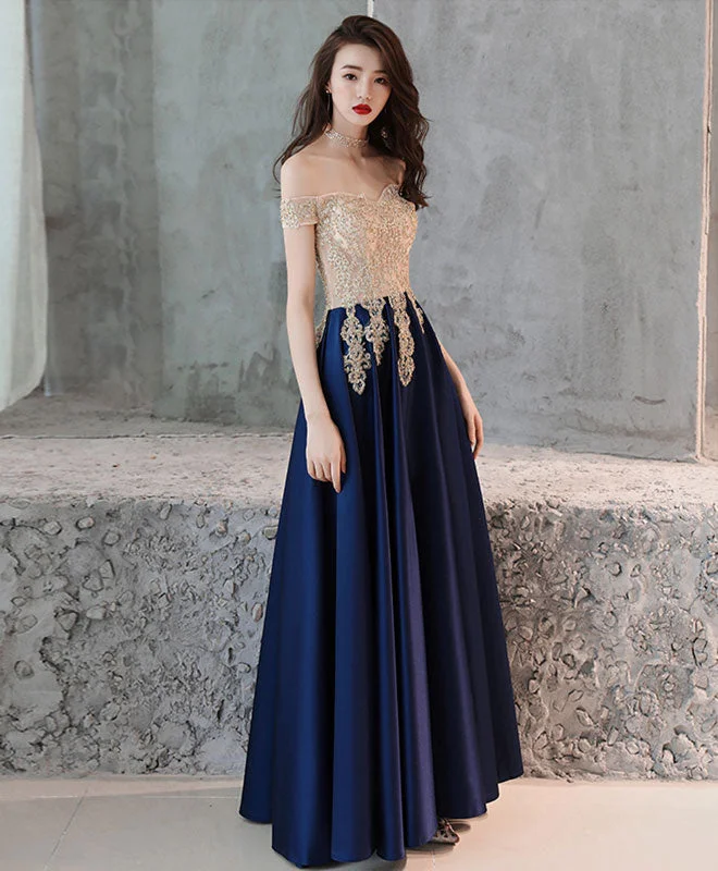 women's cocktail dressesDark Blue Sweetheart Lace Satin Long Prom Dress, Blue Evening Dress