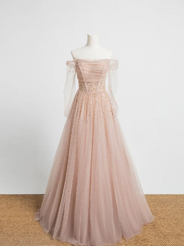 Knit DressChampagne Pink Tulle Beads Long Prom Dress Champagne Evening Dress