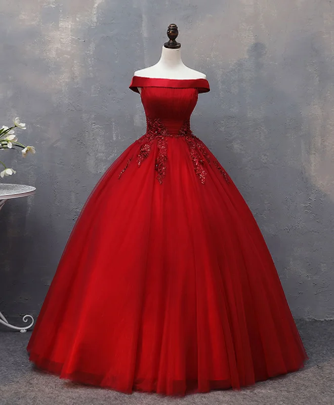 Pearl DressBurgundy Tulle Lace Off Shoulder Long Prom Gown Burgundy Evening Dress