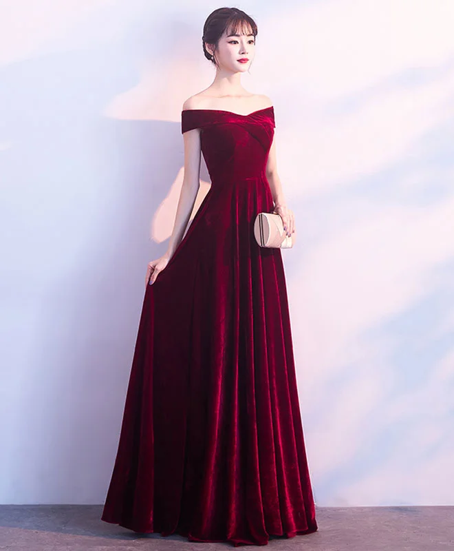 Organza DressBurgundy V Neck Velvet Long Prom Dress, Evening Dress