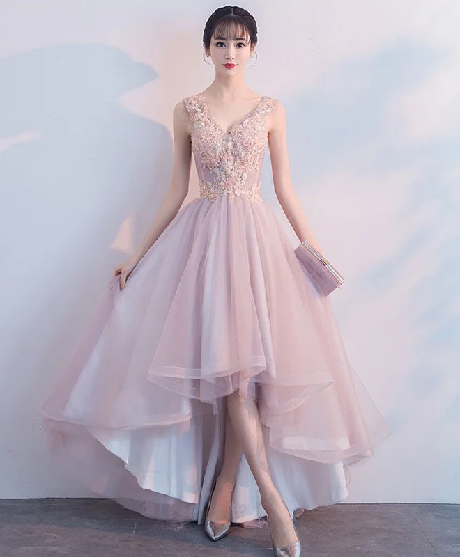 women's travel dressesCute V Neck Light Pink Tulle Lace Prom Dress, Tulle Evening Dress