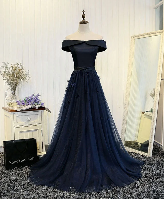 Short-Sleeve DressDark Blue Off Shoulder Long Prom Dress, Evening Dress