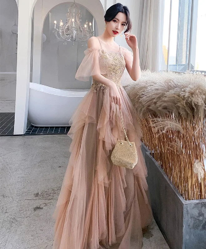 Laced-Up DressChampagne Tulle Lace Long Prom Dress Tulle Lace Evening Dress