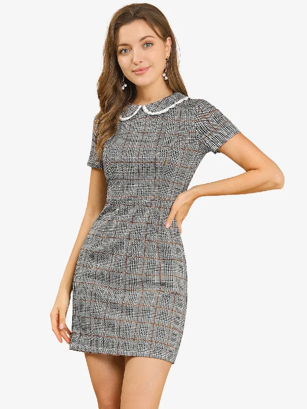 Ball Gown DressVintage Houndstooth Short Sleeve Slim Fit Stretchy Mini Bodycon Dress