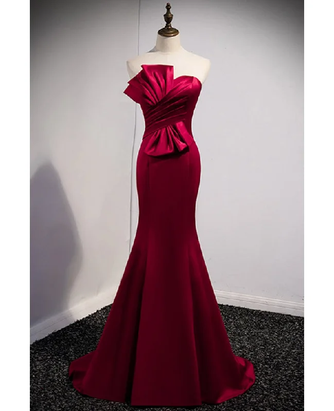 women's cocktail dressesA noble and minimalist wine red sleeveless off shoulder ball dress with wine red strapless backless straps and ground length fishtail evening dress