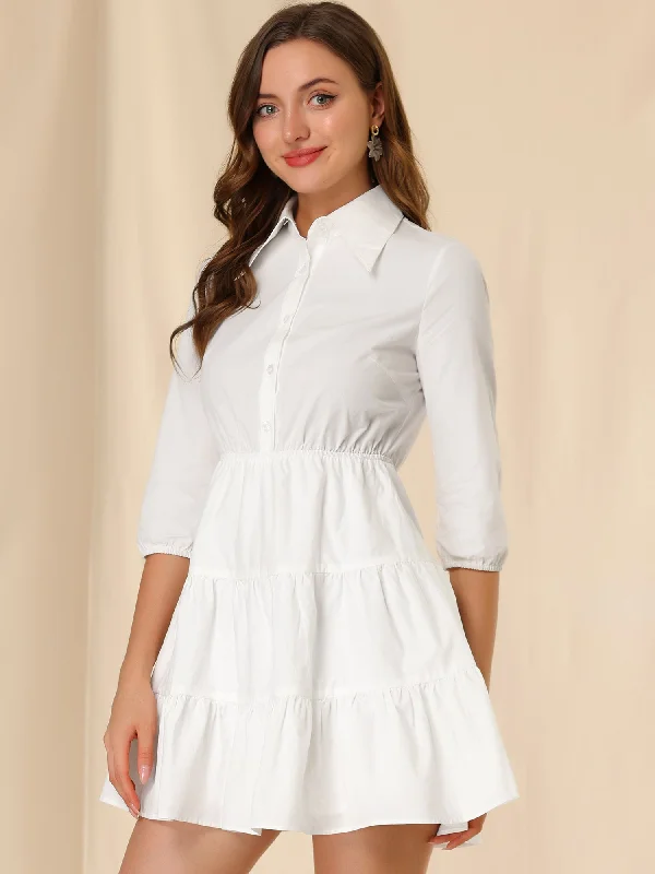 women's short-sleeved dresses3/4 Sleeve Casual Fall Elastic Waist Cute Collared Tiered Mini Shirt Dress