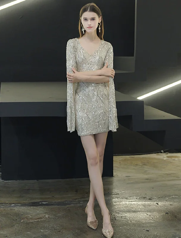 Peplum Hem DressSparkle Elegant Homecoming Cocktail Party Dress V Neck Long Sleeve Short Mini Sequined with Sequin Slit