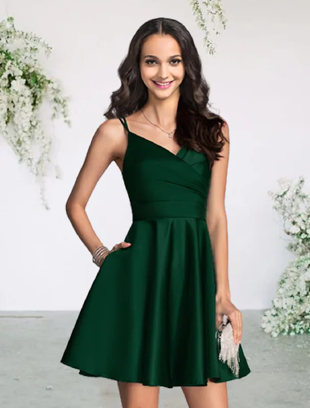 women's flowy dressesA-Line Bridesmaid Dress V Neck Sleeveless Sexy Short / Mini Satin with Pleats