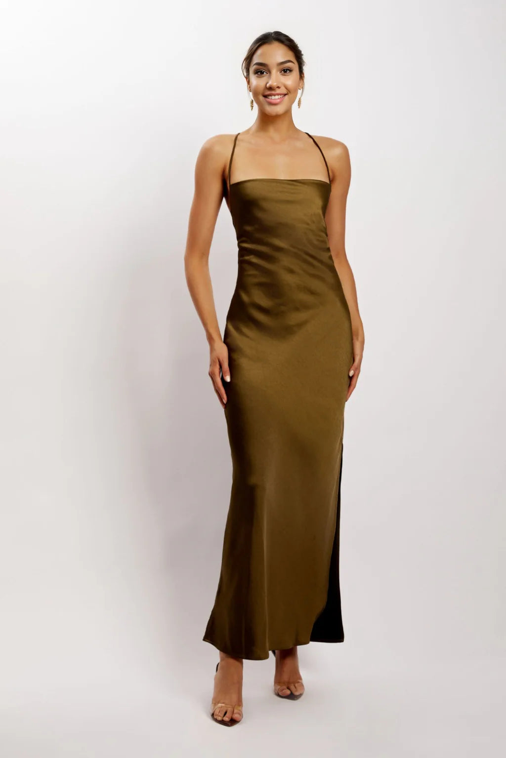 women's stylish dressesSydney Straight Neck Slip Maxi Dress - Khaki