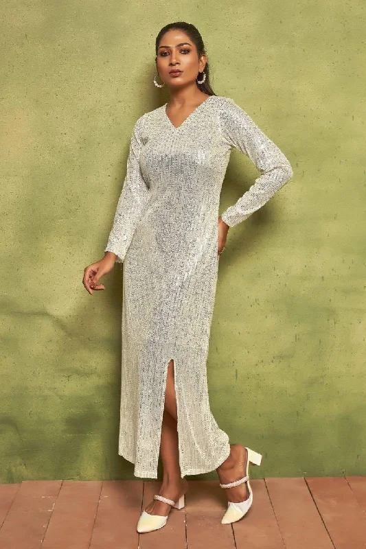 Asymmetric DressPearl White Sequin Maxi Dress | V-Neck Long Sleeve Glamour