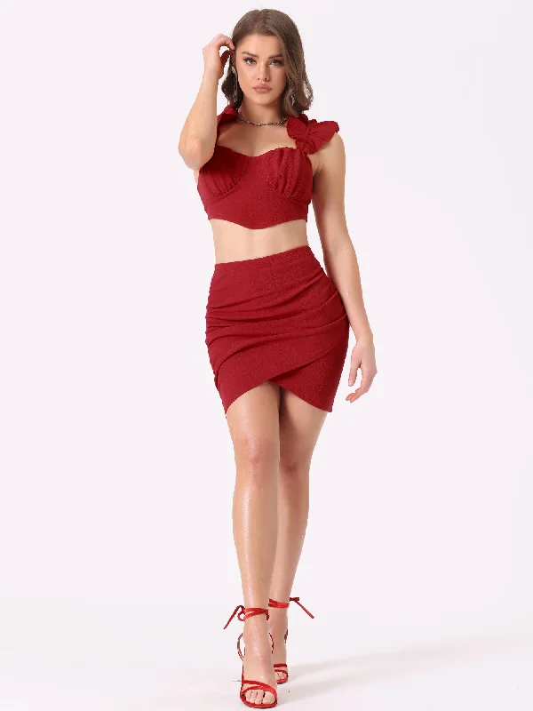 women's striped dresses2 Pieces Ruffled Sleeveless Cropped Top and Bodycon Mini Skirt Sets