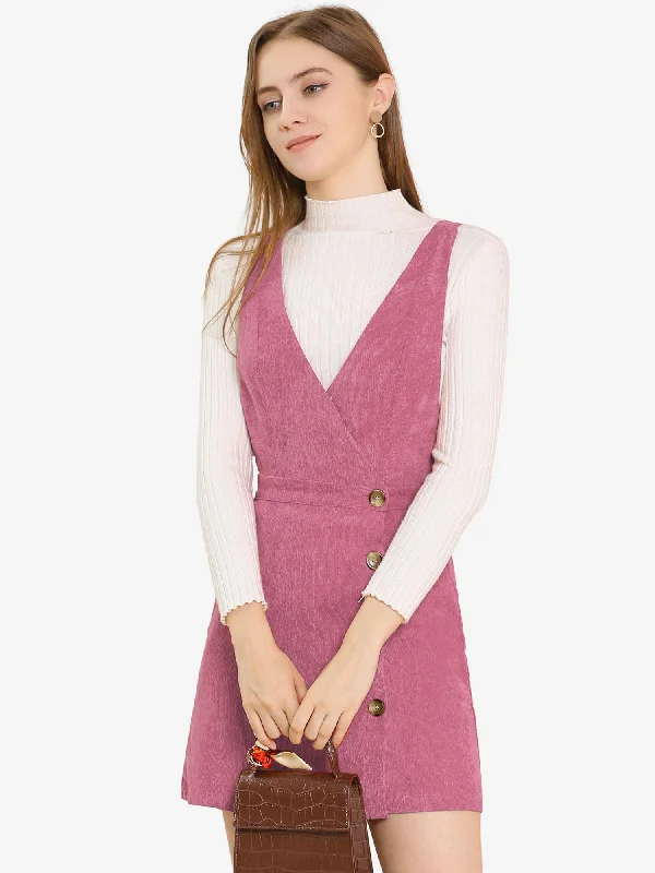 High-Low DressCorduroy Mini V Neck Vintage A-Line Bib Overall Pinafore Dress