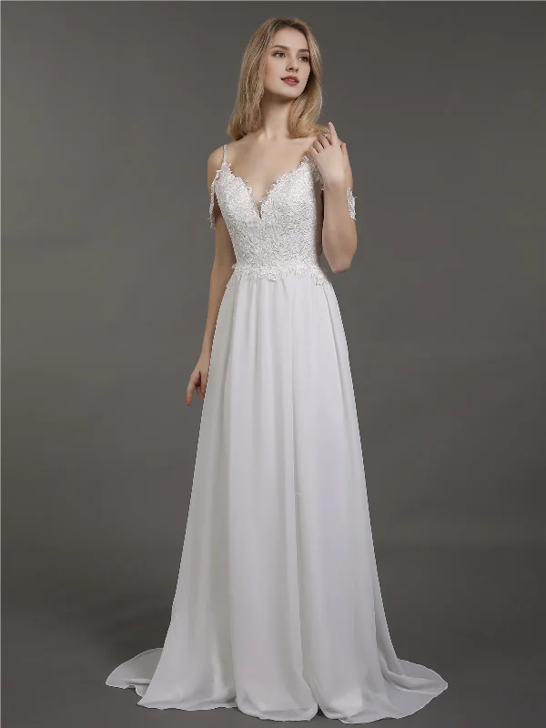 women's flutter-sleeved dressesThin shoulder chiffon minimalist wedding dress