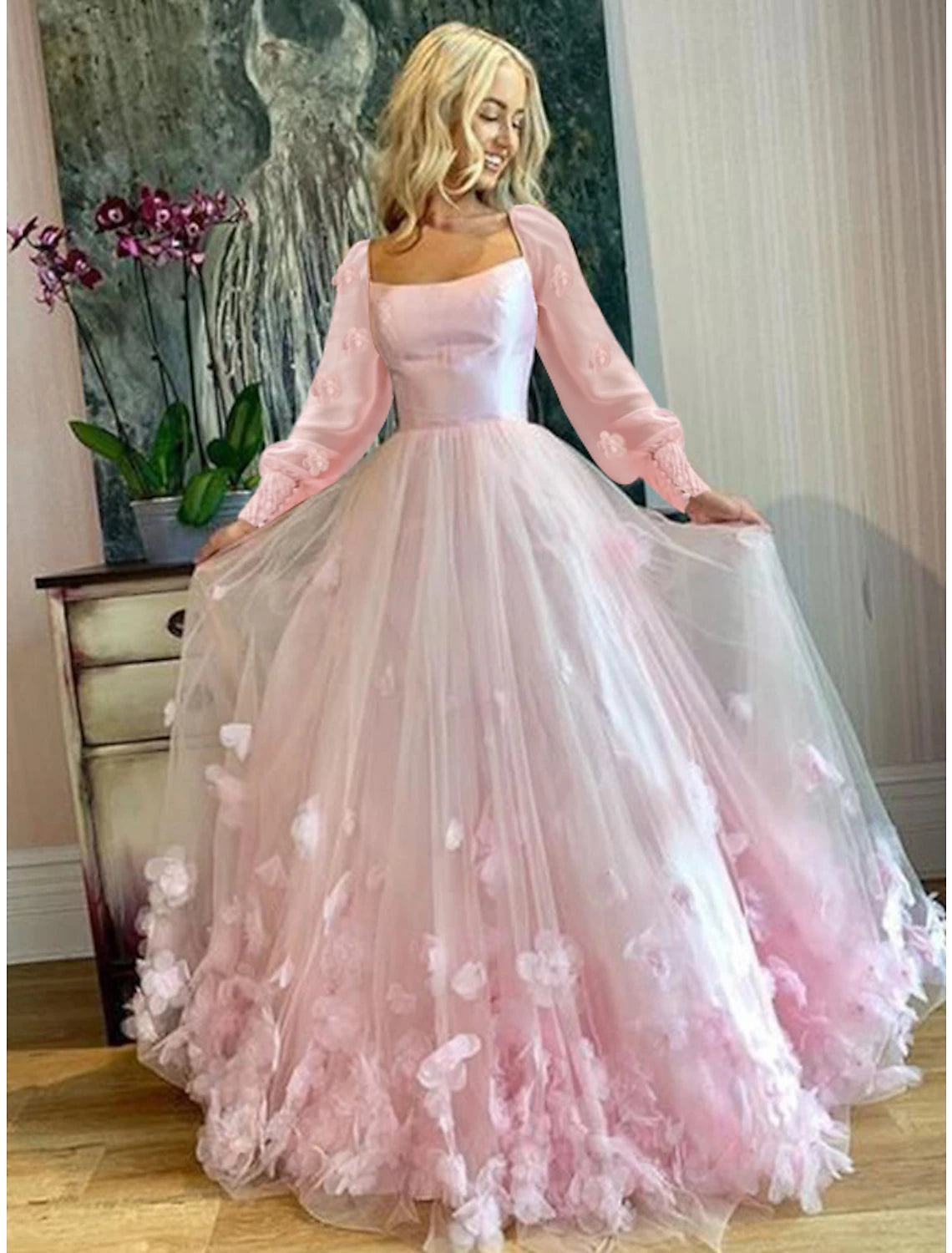 Organza DressA-Line Prom Dresses Maxi Dress Sweet 16 Birthday Floor Length Long Sleeve Scoop Neck Tulle with Appliques Butterfly