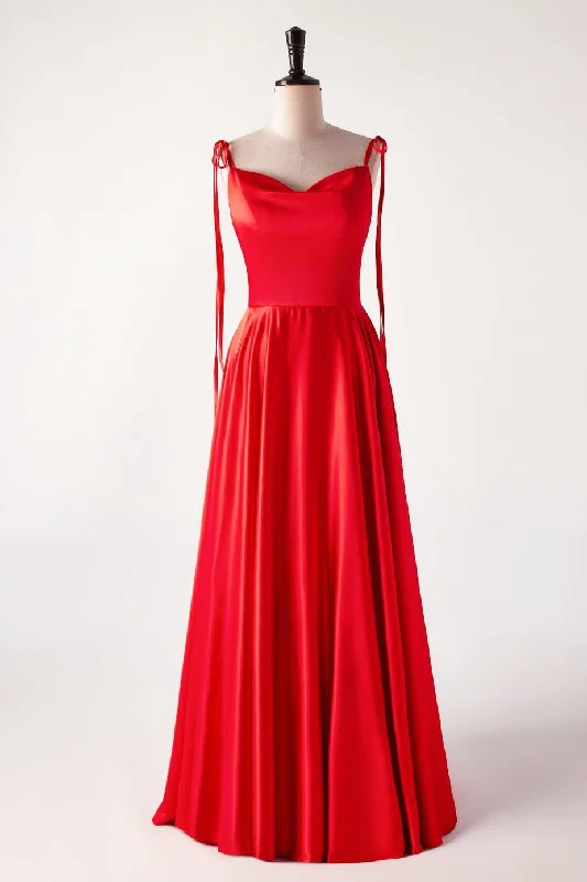 Peplum Hem DressCowl Neck Red Satin Long Maxi Dress