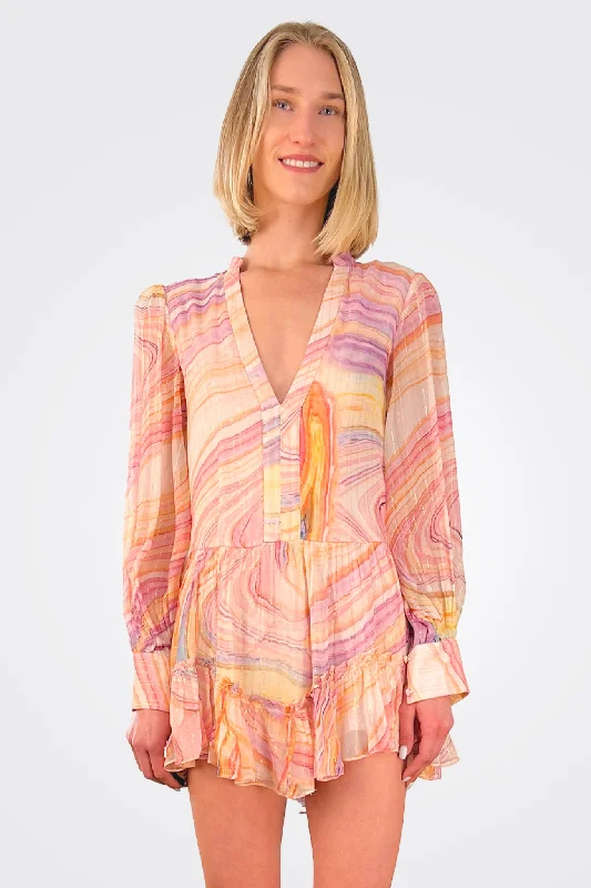 A-Line DressEira Long Sleeve Mini Dress - Peach / Lilac