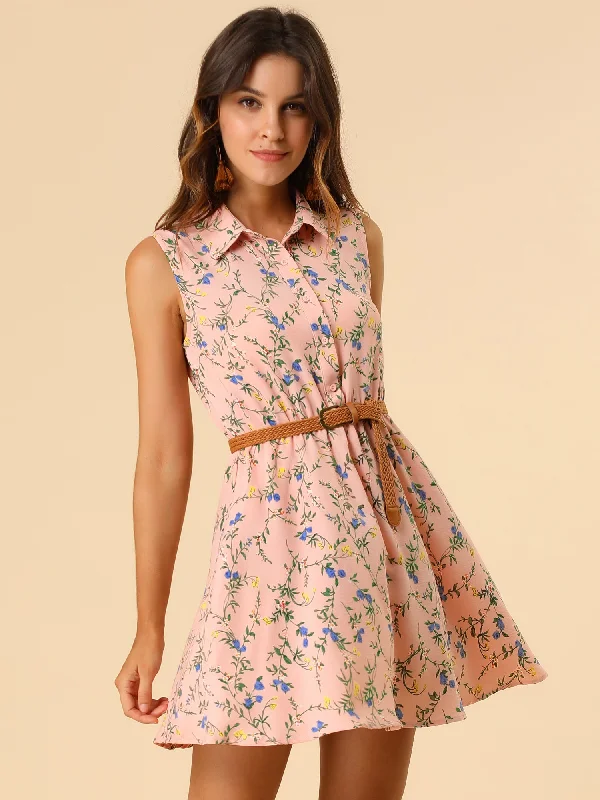 women's fashionable dressesFloral Half Placket Above Knee Sleeveless Belted Mini Dress