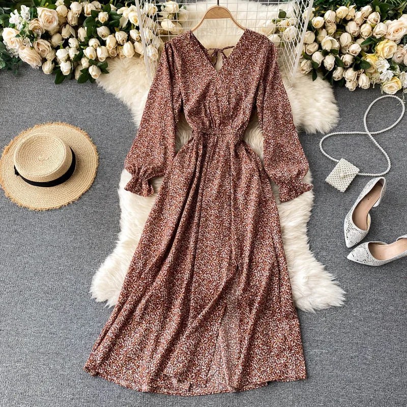 women's trendy dressesFloral Bohemian Long Sleeve Dress, Boho Maxi Dress for Women