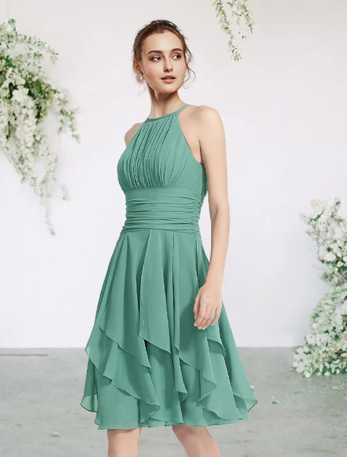 Organza DressA-Line Bridesmaid Dress Sleeveless Elegant Short Mini Chiffon with Pleats Cascading Ruffles