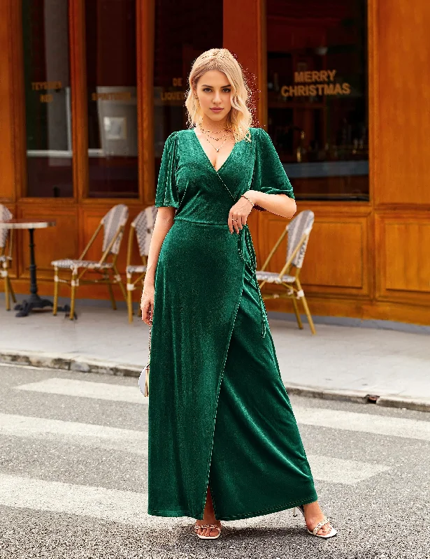 Casual DressDingJiDress Wedding Guest Dress Women's V Neck Wrap Velvet Maxi Dress Bell Sleeve Split Bridesmaid Cocktail Party Dresses Formal Wear Dresses Evening Dress