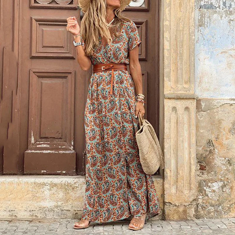 women's stretch dressesBoho Dress With Belt, Bohemian Maxi Summer Dress For Women