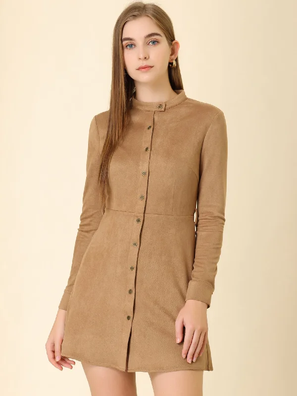 women's casual Friday dressesCasual Long Sleeve Faux Suede Belted Button Down Mini Dress